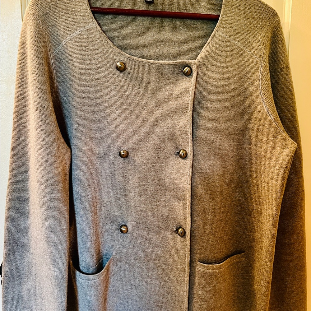 Ann Taylor Cotton/Merino Wool Work Sweater — Luxe Gray Pearl Buttons